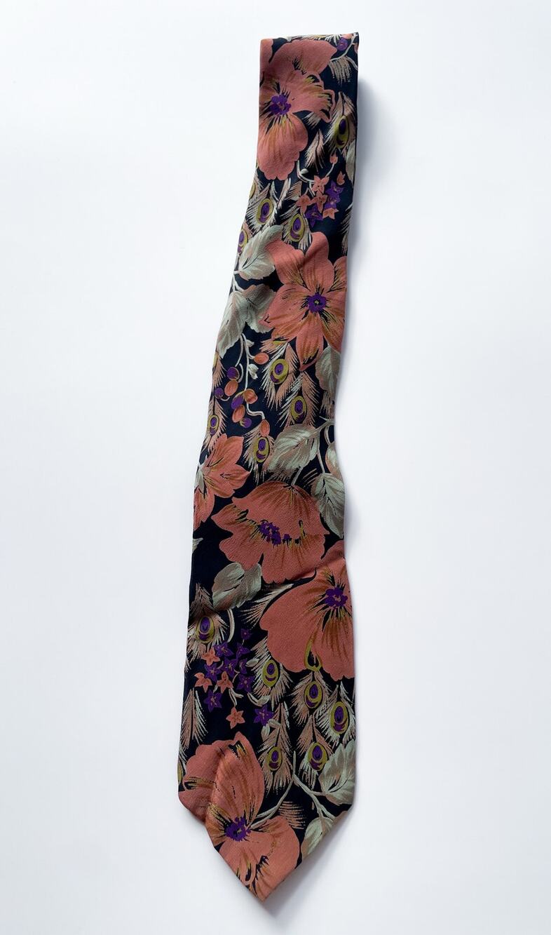 Vintage Floral and Peacock Feather Pierre Balmain Paris Silk Neck Tie